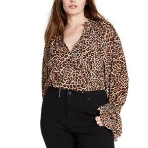Nili Lotan x Target Long Sleeve Blouse Size 2X Animal Leopard Print Ruffle Vneck